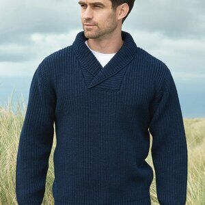 Aran 2024 Mens Sweater Market Irish Fisherman Shawl Neck Sweater XL Navy Blue